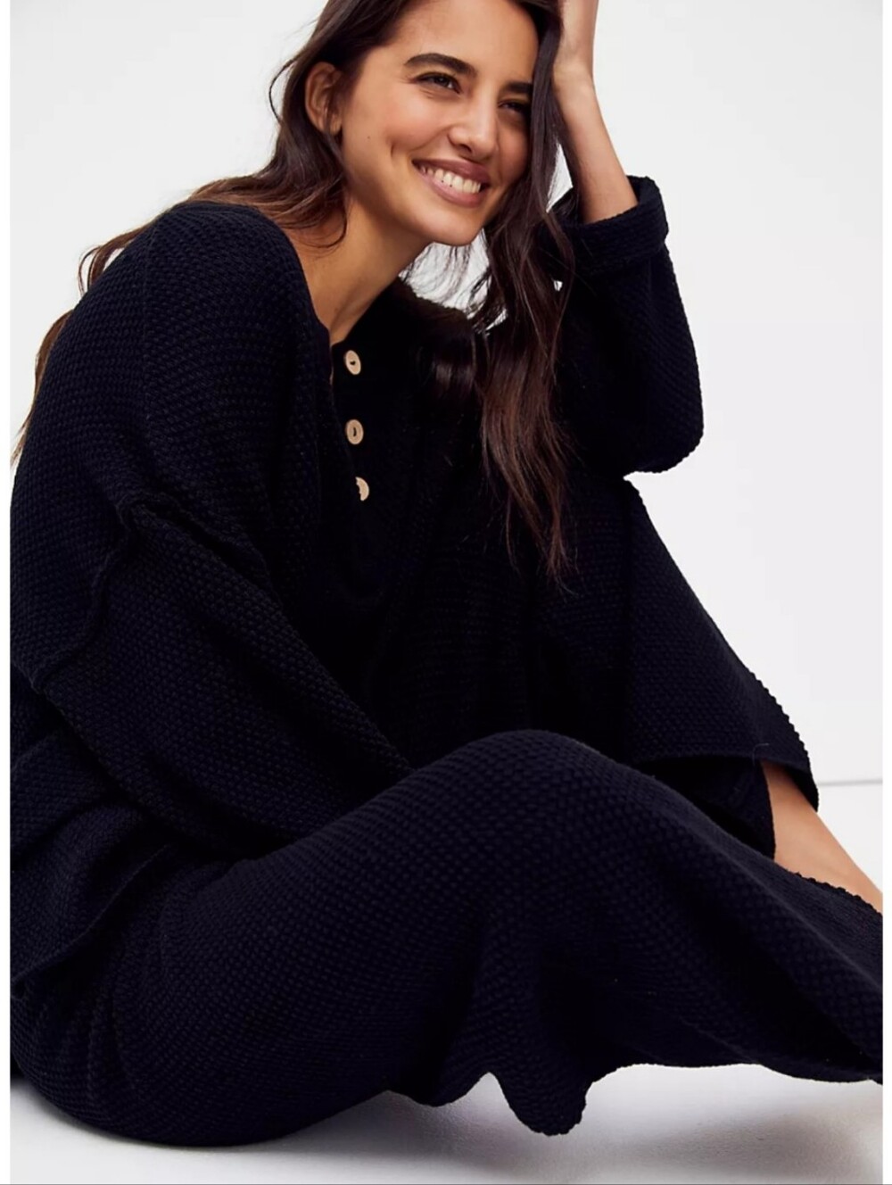 Free People Beach Hailee Sweater Two Piece Set Top Crop Wide Leg Pant Black XS